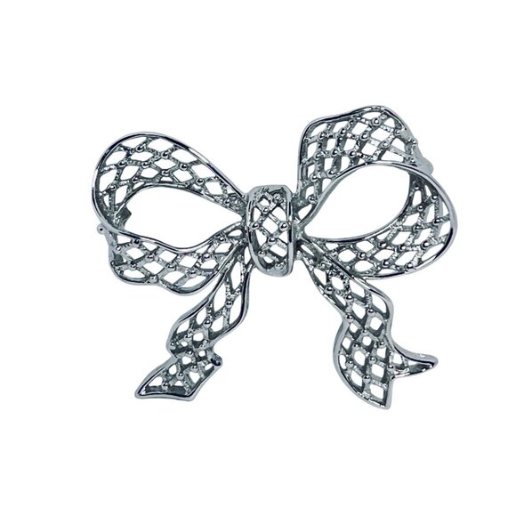 Monet 3D Silver Tone Bow Brooch With Intricate Lattice Design (5587) - Picture 4 of 7